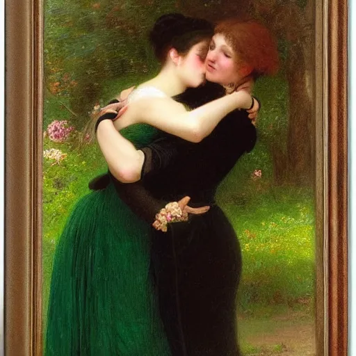 Image similar to young man in orange shirt and young woman in green dress with black hair hugging, by pierre - auguste cot