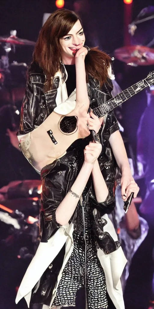 Image similar to Anne Hathaway as a rock singer on the stage