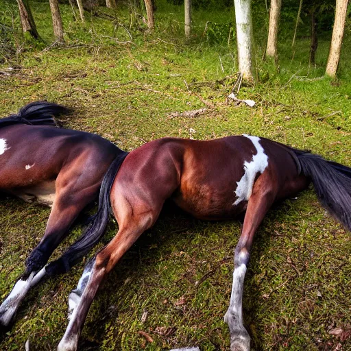 Prompt: two dead horses'body lying on the woods'path, and each horse body has some arrow on it, photo, 8 k