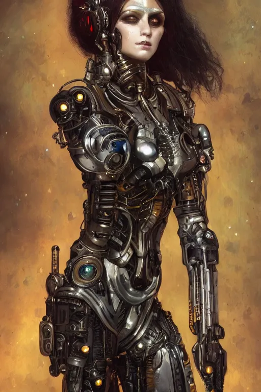 Image similar to portrait of beautiful young gothic cyborg maiden, cyberpunk, Warhammer, highly detailed, artstation, illustration, art by Gustav Klimt