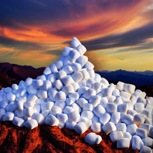 Image similar to a mountain made entirely of roasted marshmallows with marshmallow fluff flowing down the side like lava, cotton candy skies in the background