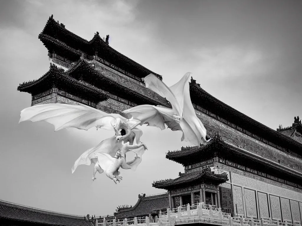 Prompt: a white dragon hovering in the sky of the forbidden city