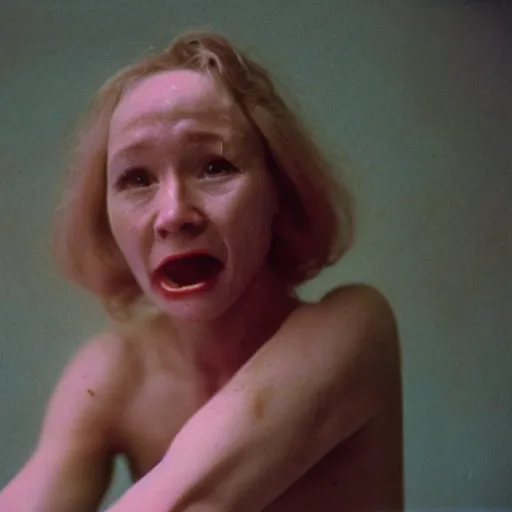 Prompt: 7 0 s film still from a horror movie of anne heche suffering from radiation induced moist desquamation and severe burns, kodachrome, cinecolor, cinestill, film grain, film texture, retro, cinematic, high resolution, photorealism, - w 8 6 7