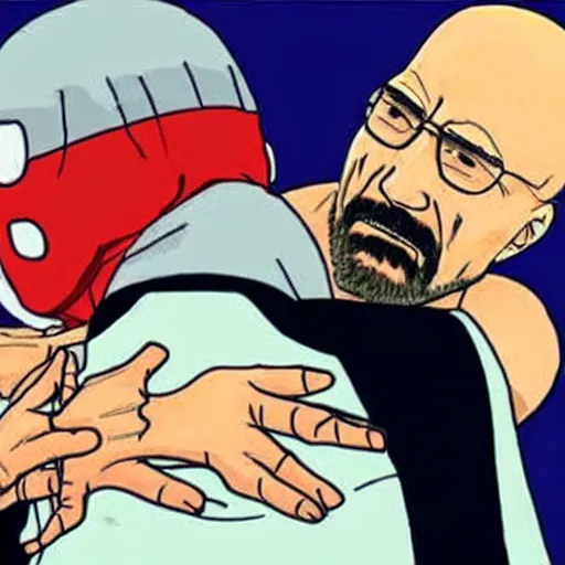 Image similar to Michael Ehrmantraut hugging walter white from behind wrestling breaking bad in one piece anime style