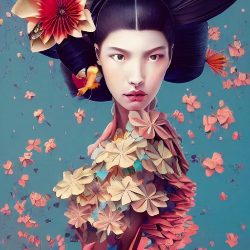 Image similar to 3 / 4 view of a beautiful girl wearing an origami dress, eye - level medium shot, fine floral ornaments in cloth and hair, hummingbirds, elegant, by eiko ishioka, givenchy, shinji aramaki, by peter mohrbacher, centered, fresh colors, origami, fashion, detailed illustration, vogue, japanese, reallusion character creator