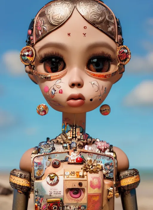 Image similar to closeup profile portrait of tin toy girl beach, depth of field, zeiss lens, detailed, symmetrical, centered, fashion photoshoot, by nicoletta ceccoli, mark ryden, lostfish, breathtaking, 8 k resolution, extremely detailed, beautiful, establishing shot, artistic, hyperrealistic, octane render