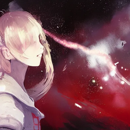 Prompt: highly detailed portrait of a young astronaut lady with a wavy blonde hair, by Dustin Nguyen, Akihiko Yoshida, Greg Tocchini, Greg Rutkowski, Cliff Chiang, 4k resolution, nier:automata inspired, bravely default inspired, vibrant but dreary and optimistic red, black and white color scheme!!! ((Space nebula background))