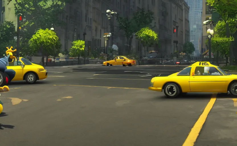 Image similar to ps 4 game about a frog driving a taxi, unreal 4 screenshot,