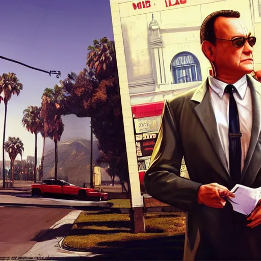 Image similar to tom hanks, gta v cover art, art by stephen bliss, matte painting, sharp focus