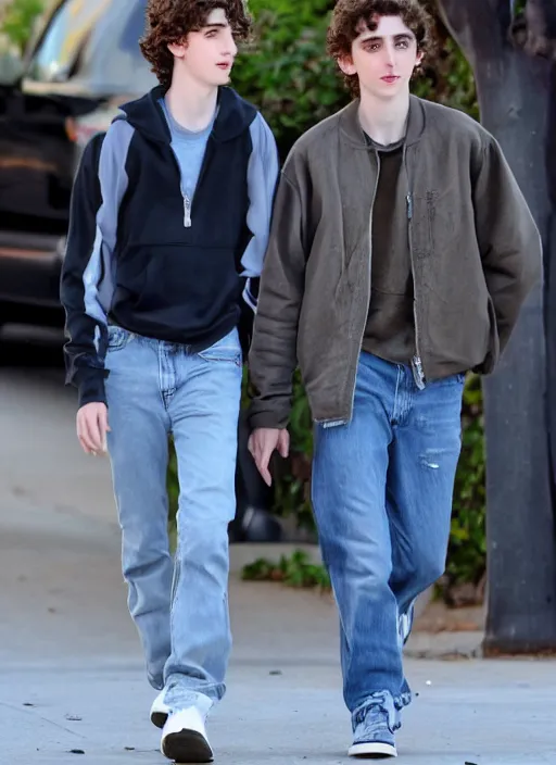 Prompt: photo of Timothee Chalamet walking in LA with his boyfriend