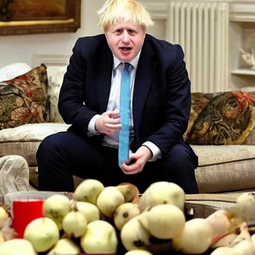 Prompt: a photo of boris johnson on tv showing everyone the turnip he found