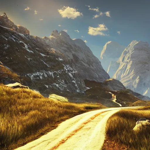 Image similar to high alpine landscape with windy road, unreal engine, high quality digital art, dramatic lighting, photo realism