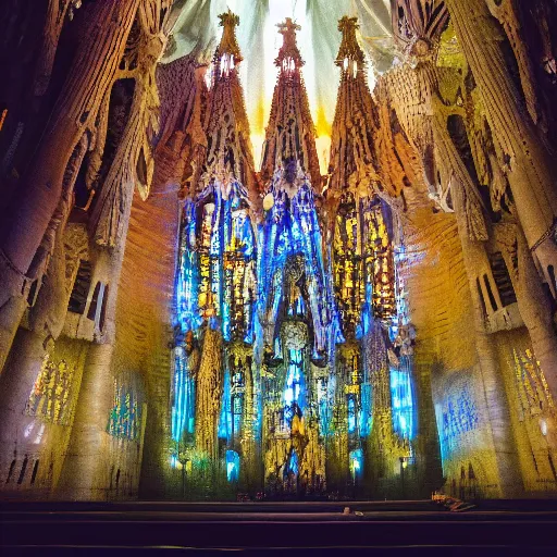 Image similar to glowing translucent theater stage in la sagrada familia, cyberpunk, dark room, science fiction magazine, cut up collage, 4 k close up, wide angle