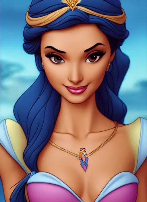 Prompt: gorgeous disney princess jasmine, professionally retouched, muted colors, soft lighting, realistic, smooth face, full body shot, torso, dress, perfect eyes, sharp focus on eyes, 8 k, high definition, insanely detailed, intricate, elegant, art by j scott campbell and artgerm