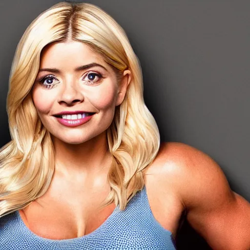 Image similar to holly Willoughby with the physique of a body builder, hyper realistic, ultra detailed, cinematic, dynamic lighting, photorealistic, refined, digital painting, masterpiece, 8k