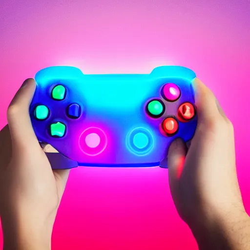 Prompt: hand holds gamepad through torn hole. creative pop art pink blue neon color. trendy gradient illumination. night light