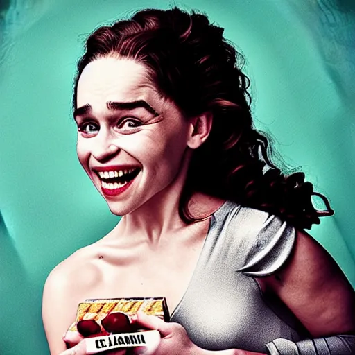 Image similar to emilia clarke mixed with a candy bar, clark bar, candy packaging, disturbing, coherent.,