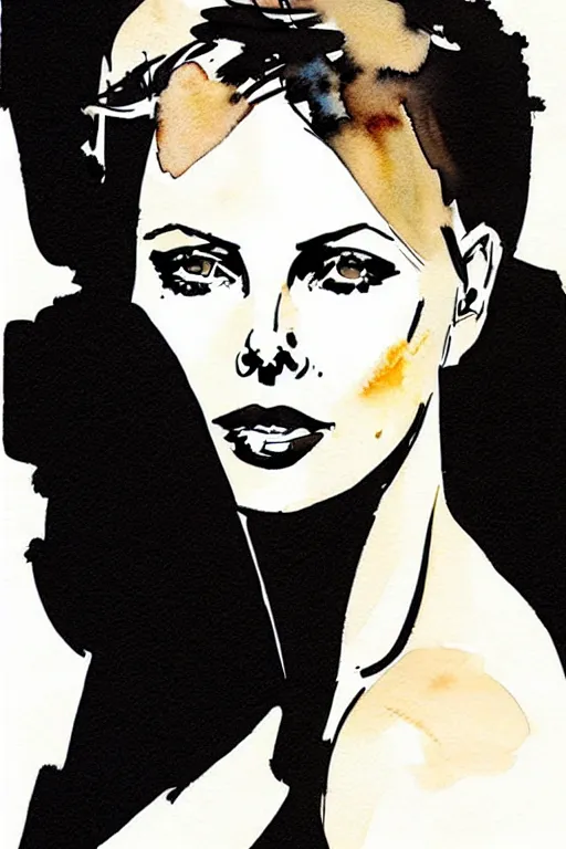 Image similar to beautiful portrait of Charlize Theron by Milo manara and David downton, colorless, silent, watercolor