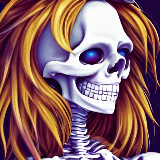 Prompt: manga fine details portrait of joyful skull girl skeleton, bokeh. The Simpsons anime masterpiece by Studio Ghibli. 8k render, sharp high quality anime illustration in style of Ghibli, artstation