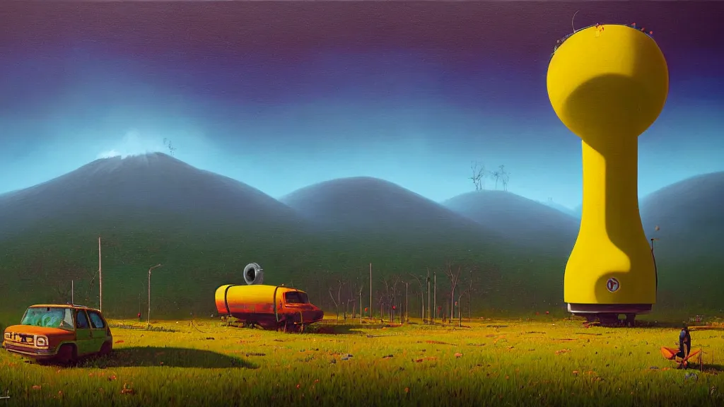 Prompt: Nuclear Nature harmony; by Oswaldo Moncayo; by Simon Stålenhag, oil on canvas; Location: Quito Ecuador