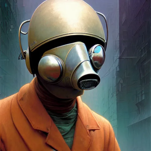 Image similar to a expressive portrait of masked diesel punk helmet on the art deco streets of the big city, artstation, award - winning realistic sci - fi concept art by jim burns and greg rutkowski, beksinski, a realism masterpiece, expressive color palette, james gilleard, bruegel, alphonse mucha, and yoshitaka amano