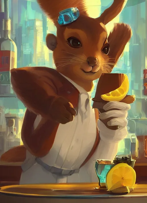 Prompt: squirrel anthro as a dapper bartender with a big, fluffy tail, retro futurism, art deco, detailed, painterly digital art by WLOP and Cory Loftis and Artgerm, 🐿🍸🍋, furaffinity, trending on artstation