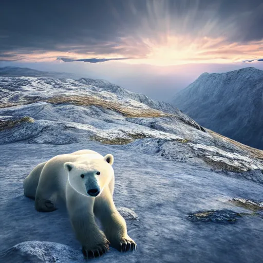 Prompt: a beautiful photo of a polar bear on a mountain, hyper realistic, natural light, concept art, cozy, atmospheric and cinematic lighting