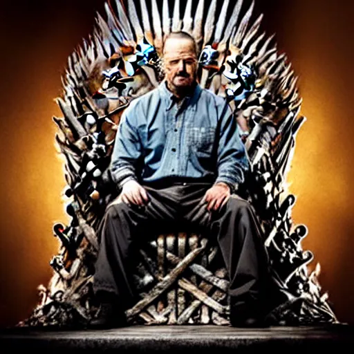 Prompt: “Very hyperrealistic studio photo of Walter White sitting on the Iron Throne from Game of Thrones, award-winning details”