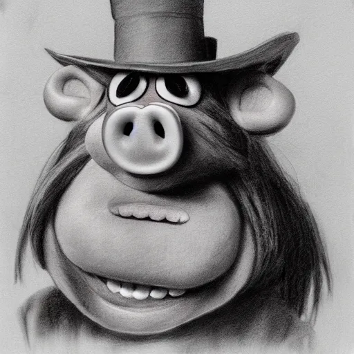 Prompt: a horror version of miss piggy, pencil and charcoal, portrait, Mood is menacing and frightening. She grins widely.