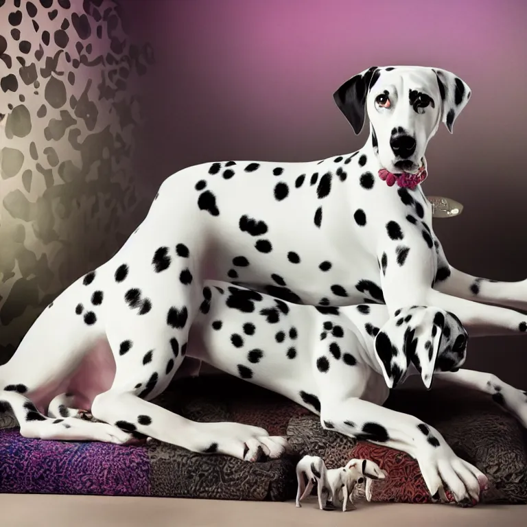 Image similar to vogue photoshoot octane render of dalmatian dog with white background, focus bright colorful pastel exotic vintage boutique hotel lounge, very short depth of field, bokeh