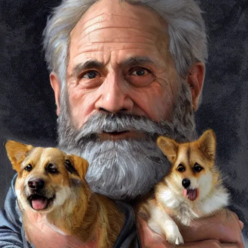 Image similar to medium close up portrait of a old, ruggedly handsome bearded man holding corgi dog, real hands, soft hair, muscular, half body, cloth, d & d, fantasy, intricate, elegant, highly detailed, digital painting, artstation, concept art, smooth, sharp focus, illustration, art by artgerm and greg rutkowski and alphonse mucha