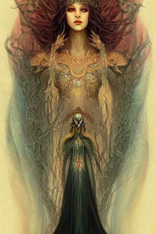 Prompt: jeweled Crown, other worldly, fairy autumn court, art nouveau, by Anato Finnstark, Tom Bagshaw, Brom
