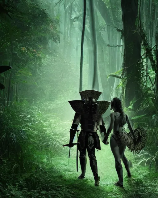 Image similar to a strong knight walking towards an ominous goddess in a densely overgrown, eerie jungle, fantasy, stopped in time, dreamlike light incidence, ultra realistic