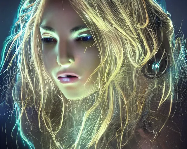 Image similar to glowing hair, supercomputer complex cybernetic beings, beautiful hairy humanoids, cybergods, cybermagnetosphere, cybernetic civilizations, ornate hair, love, joy, vortexes, large arrays, data holograms, 8 k, cinematic light shadows, wet hdr refractions