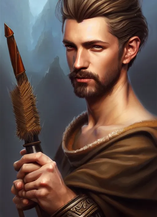 Image similar to a _ fantasy _ style _ portrait _ painting _ of wizard male, medium dark blonde pulled back side part and blonde stubble, brown eyes, rpg dnd oil _ painting _ unreal _ 5 _ daz. _ rpg _ portrait _ extremely _ detailed _ artgerm _ greg _ rutkowski _ greg