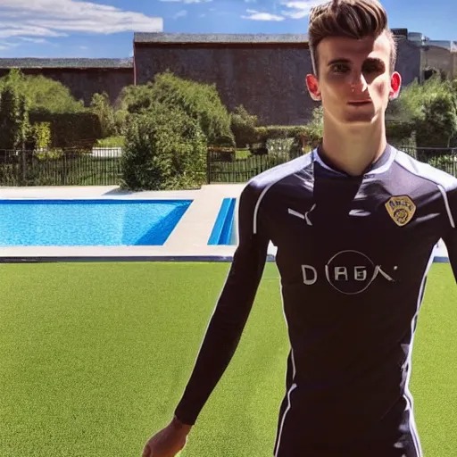 Prompt: a realistic detailed photo of a guy who is an attractive humanoid who is half robot and half humanoid, who is a male android, soccer player mason mount, shiny skin, posing like a statue, blank stare, by the pool, on display