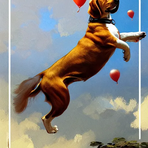 Image similar to a beagle dog flying on a balloon, digital painting, smooth, elegant, hd, art by wlop and artgerm and greg rutkowski and alphonse mucha