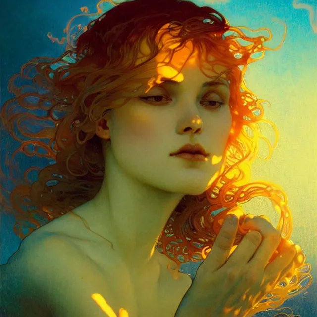 Image similar to transcendent mind bending indigo waves of glossy psychedelic liquid honey flowing like kaleidoscopic translucent amber, lsd waves, honey ripples, enlightenment, dramatic professional lighting, refracted sunset lighting, art by collier, albert aublet, krenz cushart, artem demura, alphonse mucha