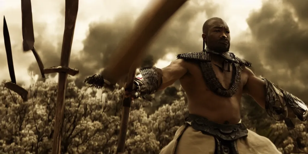 Image similar to a film still of a black man starring in a japanese blockbuster film as ancient samurai, intense, shallow depth of field, cinematic, award winning cgi, vfx, film still