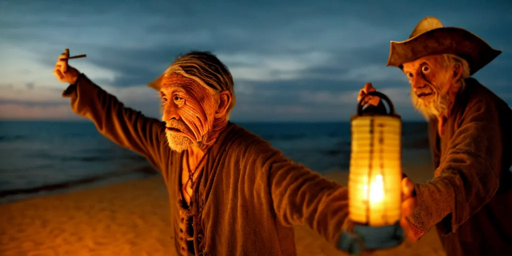 Image similar to film still of closeup old man holding up lantern by his beach hut at night. pirate ship in the ocean by emmanuel lubezki