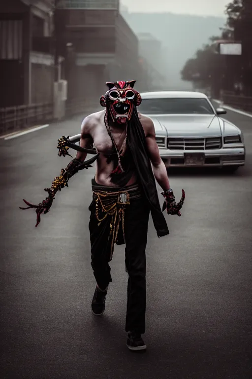 Prompt: guy with oni mask walkin on empty hood, photorealistic, smooth, 4 k, aesthetic lighting, baroque object, hyperdetailed, professional photography, pullitzer winning, photo by : canon eos 5 d mark iv, by karah mew and adnan abidi