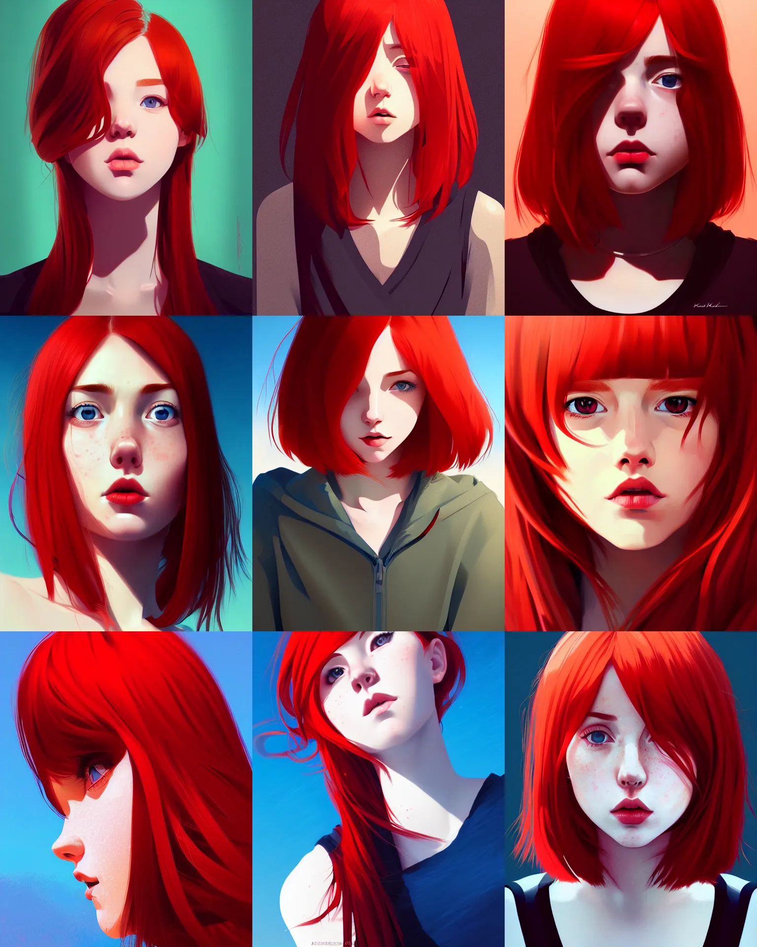 Image similar to a detailed portrait of an adorable!!!! woman with red hair and freckles by ilya kuvshinov, digital art, dramatic lighting, dramatic angle