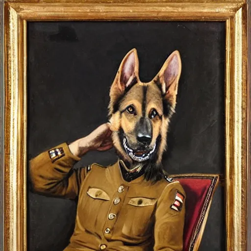 Image similar to a oil painting of a anthropomorphic german shepherd beast - man, wearing military outfit, sitting on an armchair