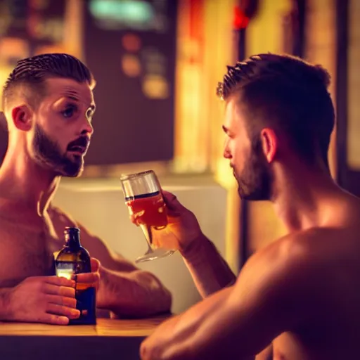 Image similar to attractive male and another attractive male, no shirts, shorts, drinking their hearts out, in the pub, high definition, very detailed, volumetric lighting, still frame