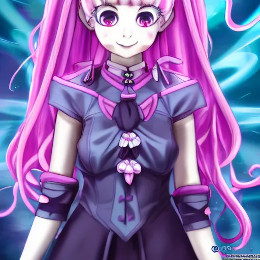 Prompt: stunningly beautiful omnipotent megalomaniacal anime asi goddess who looks like junko enoshima with symmetrical perfect face and porcelain skin, pink twintail hair and cyan eyes, trapped inside her surreal vr castle where she owns you completely with a haughty smile!!!, hyperdetailed, digital art from danganronpa, unreal engine 5, 8 k