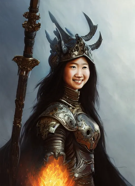 Image similar to Close-up portrait of smiling young asian woman wearing a black armor with skulls and a winged helmet and, holding a magic staff, portrait, fireball, highly detailed, digital painting, artstation, concept art, sharp focus, illustration, art by artgerm and greg rutkowski and alphonse mucha