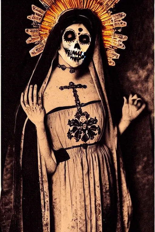 Prompt: phot taken in the 1 9 2 0's, virgin mary in dia de muertos dress and make up, horrific beautiful vibe, evocative, atmospheric lighting, painted, intricate, highly detailed,