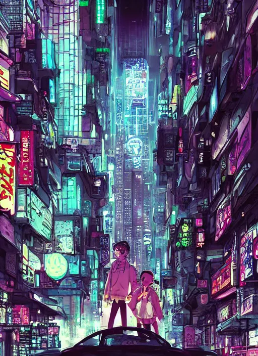 Prompt: manga cover, mike wazowski from monsters inc, intricate cyberpunk city, emotional lighting, character illustration by tatsuki fujimoto