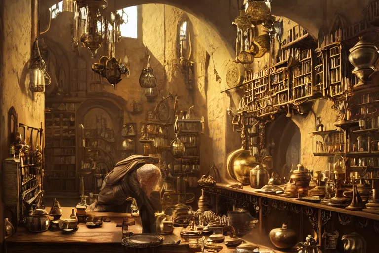 Prompt: Beautiful hyperrealistic detailed award winning photography of an alchemist in its alchemy shop filled with magical artifacts that looks like it's from lord of the rings and bazaar by greg rutkowski, andreas rocha and john howe, and Martin Johnson Heade,featured on artstation, ultrawide angle,f16 , golden ratio, f32, well composed, cohesive