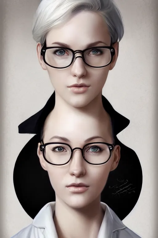 Prompt: a young scientist girl with white iridescent short hair color wearing lab coat and glasses by charlie bowater and titian and artgerm, full - body portrait, intricate, face, elegant, beautiful, highly detailed, dramatic lighting, sharp focus, trending on artstation, artstationhd, artstationhq, unreal engine, 4 k